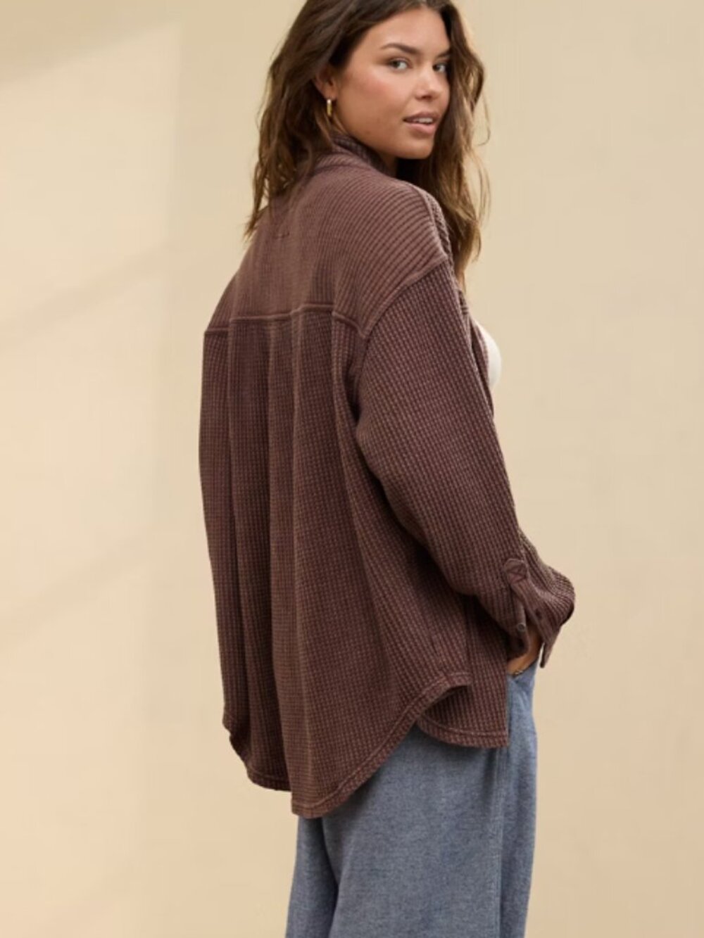 Aerie brown Anytime Fave Waffle Shirt L